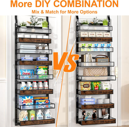 8 Tier Pantry Door Organizer Spice Rack, 2-IN-1 Wall Mount or Hanging Over Door Seasoning Organizer with Adjustable Baskets, Heavy Duty Behind Door Storage Shelves for Pantry, Cabinet and Kitchen