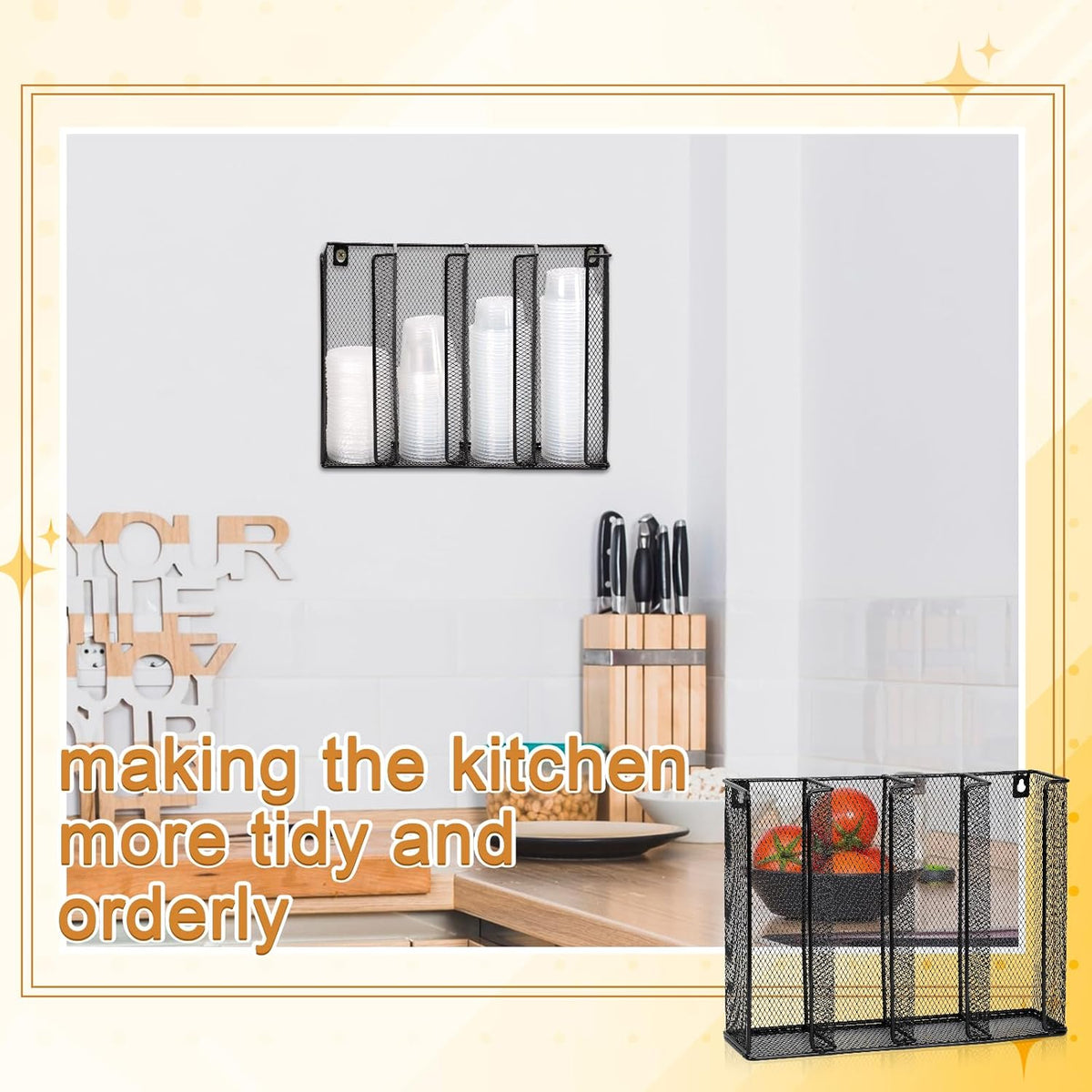 Wall Mount Portion Sauce Cup Lid Organizer 4 Compartments Iron Sauce Cup Dispenser Black Cup and Lid Holder Organizer Fits Cups Size 2 to 4 oz For Kitchen Counter Restaurant Coffee Bar 13x10x3.3 In