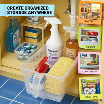 Handy Basket – Kitchen Discovery – Kitchen Pantry Organizers and Storage - Plastic Organizer Bins with Handles in Large Size for Chip Bags, Cake Mixes, Pasta, and Condiments