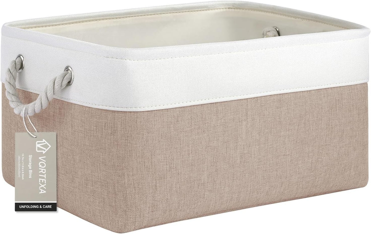 Large Storage Baskets- 15.7x11.8x8.26 inch Storage Bins for Shelves and Closet Organizing, Foldable Fabric Bin for Home Organization Clothes and Laundry (3-Pack, White&Khaki)