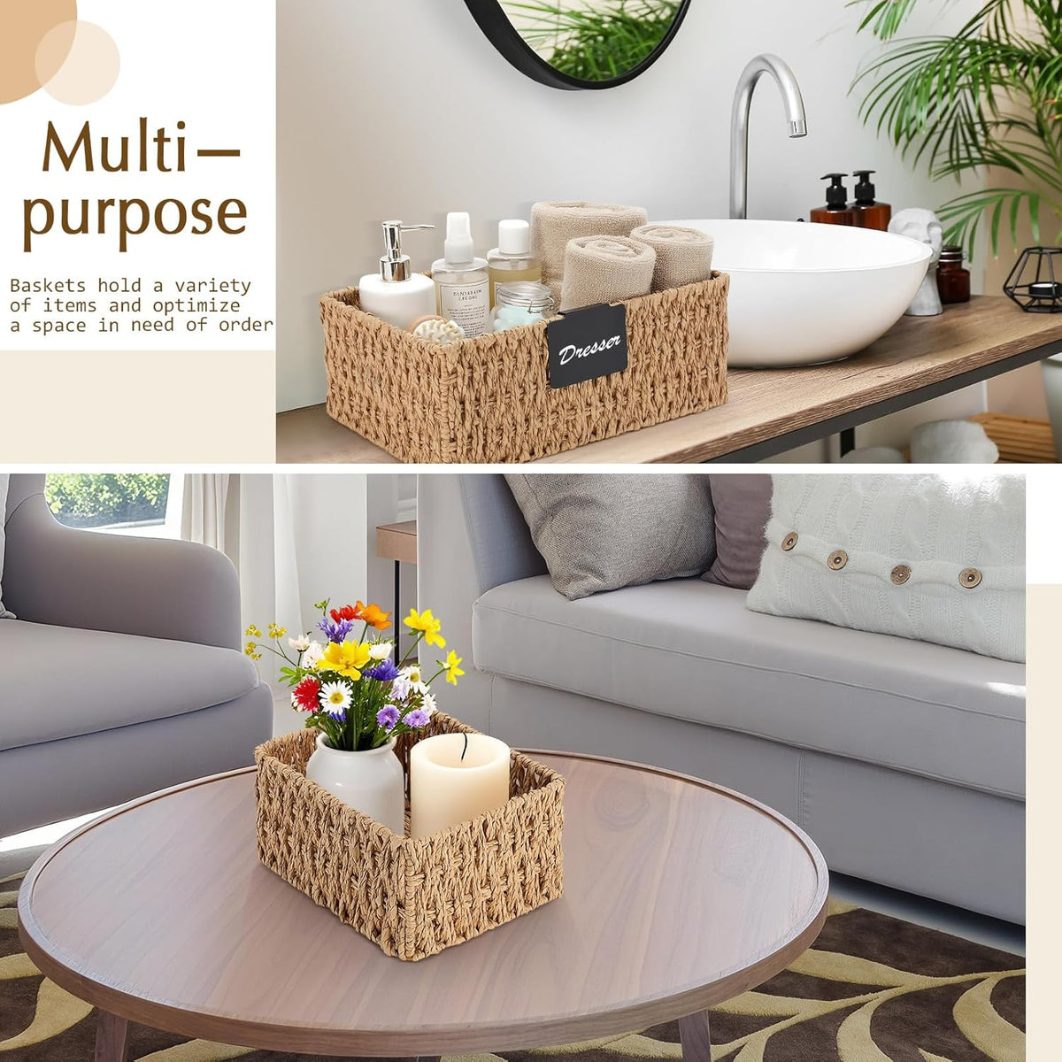 Marsui 6 Pcs Wicker Storage Baskets with Labels Handwoven Multi-size Brown Wicker Storage Bins for Organizing Small Baskets Container for Shelves Closet Pantry Toilet(Brown )