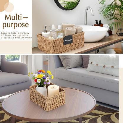 Marsui 6 Pcs Wicker Storage Baskets with Labels Handwoven Multi-size Brown Wicker Storage Bins for Organizing Small Baskets Container for Shelves Closet Pantry Toilet(Brown )
