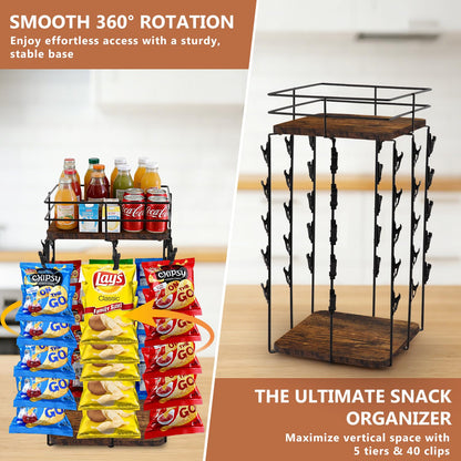 Chip Rack Display Stand, 5-Tier 360° Rotating Organizer with Top Storage Basket for Drinks & Spice Jars, 40 Clips & Snack Tray for Store, Kitchen, Party, Retail Countertop Snack Display (Square Base, Beige)