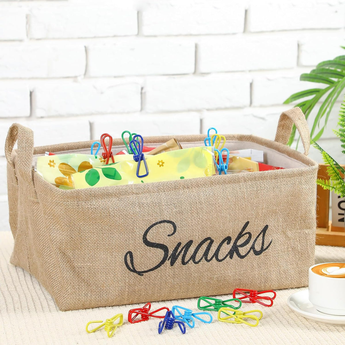 Newtay 17 Pcs Snack Basket Sets, Snack Storage Bin for Pantry Shelves with 16 Pcs 2 Inch Chip Clips, Basket Organizer for Kitchen Home, Chips, Popcorn, Candy, Pretzels(Burlap,Khaki)