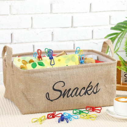 Newtay 17 Pcs Snack Basket Sets, Snack Storage Bin for Pantry Shelves with 16 Pcs 2 Inch Chip Clips, Basket Organizer for Kitchen Home, Chips, Popcorn, Candy, Pretzels(Burlap,Khaki)