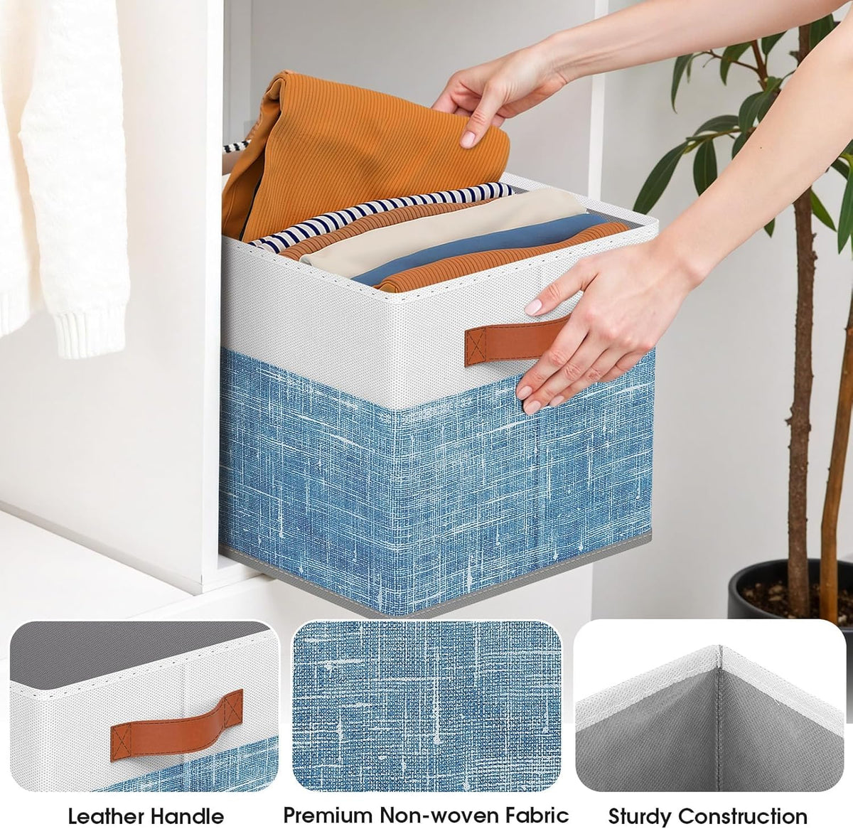 Fab totes Collapsible Storage Baskets for Shelves,14"x10", Foldable Fabric Storage Bins with Double Leather Handles, Large Baskets for Organizing Books, Clothes, White & Grey