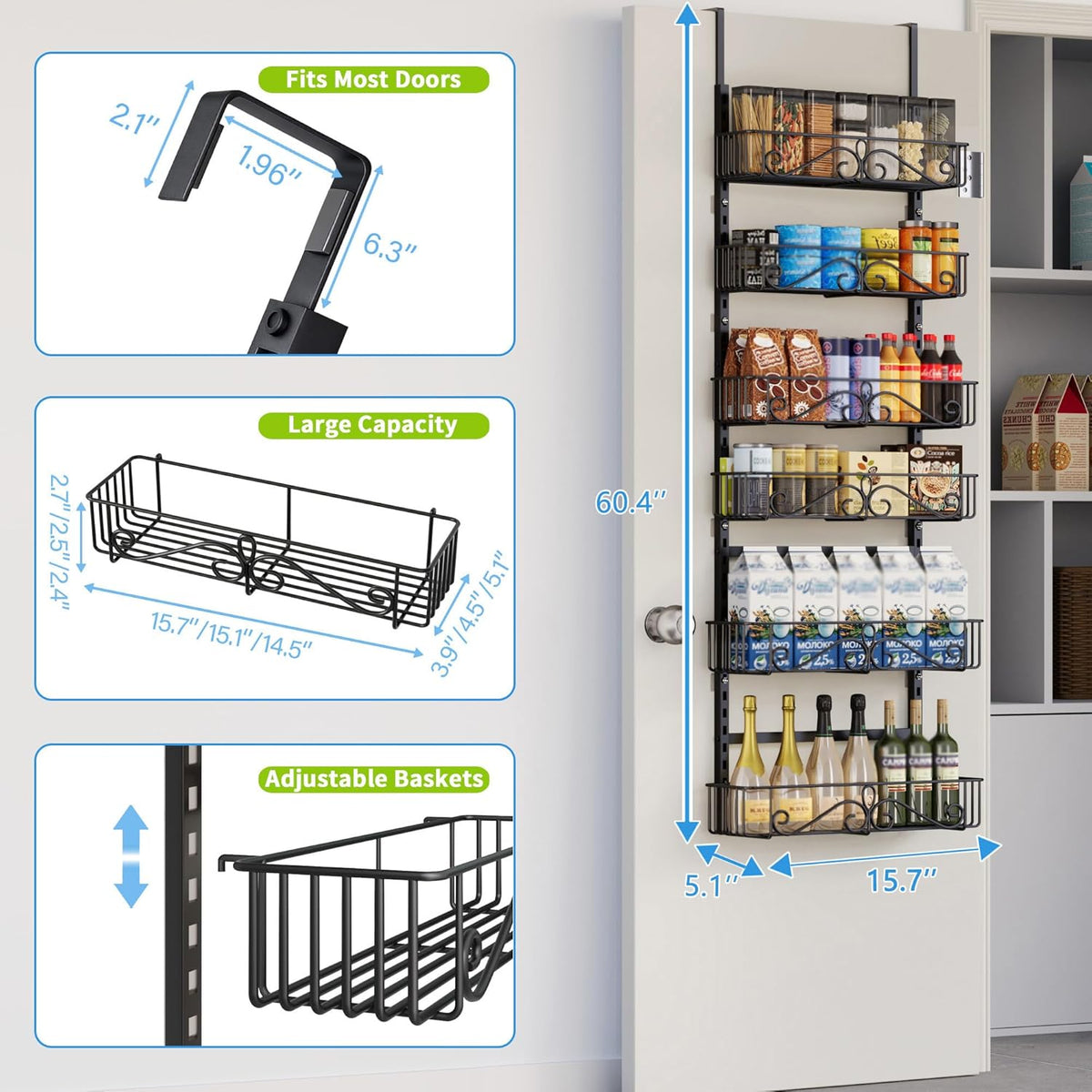 6-Tier Over the Door Pantry Organizer, Pantry Organization And Storage, Hanging Storage Organizer Spice Rack Metal Shelving for Home & Kitchen, Office Laundry Room Bathroom Black