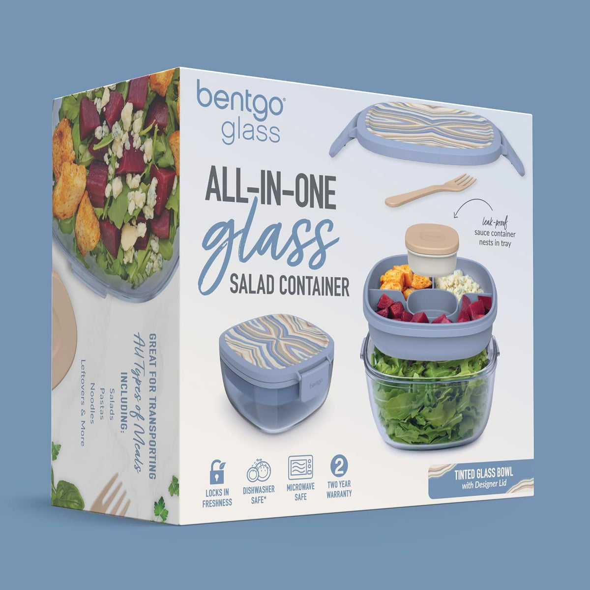 Bentgo Glass Prints Salad Container - 7.6-Cup Tinted Glass Salad Bowl with Airtight Lid, Leak-Proof Sauce Container, 4-Compartment Bento Meal Prep Tray & Reusable Fork (Floral Maximalist - Sea)
