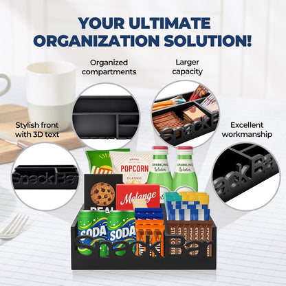 Snack Bar Organizer – Black 5 Compartment Station, Countertop Pantry Organizer for Kitchen, Office Food Holder, Candy Storage Bin, Display Stand, Cabinet Tray & Shelf