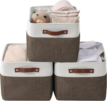 DECOMOMO Storage Bins, Large Fabric Storage Baskets for Shelves, Decorative Linen Closet Organizer, 15 x 11 x 9.5 inches (Beige & White, 3 Pack)