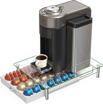 DecoBrothers Crystal Tempered Glass Vertuo Pod Holder Drawer, 24 Large or 48 Small Nespresso Capsule Organizer