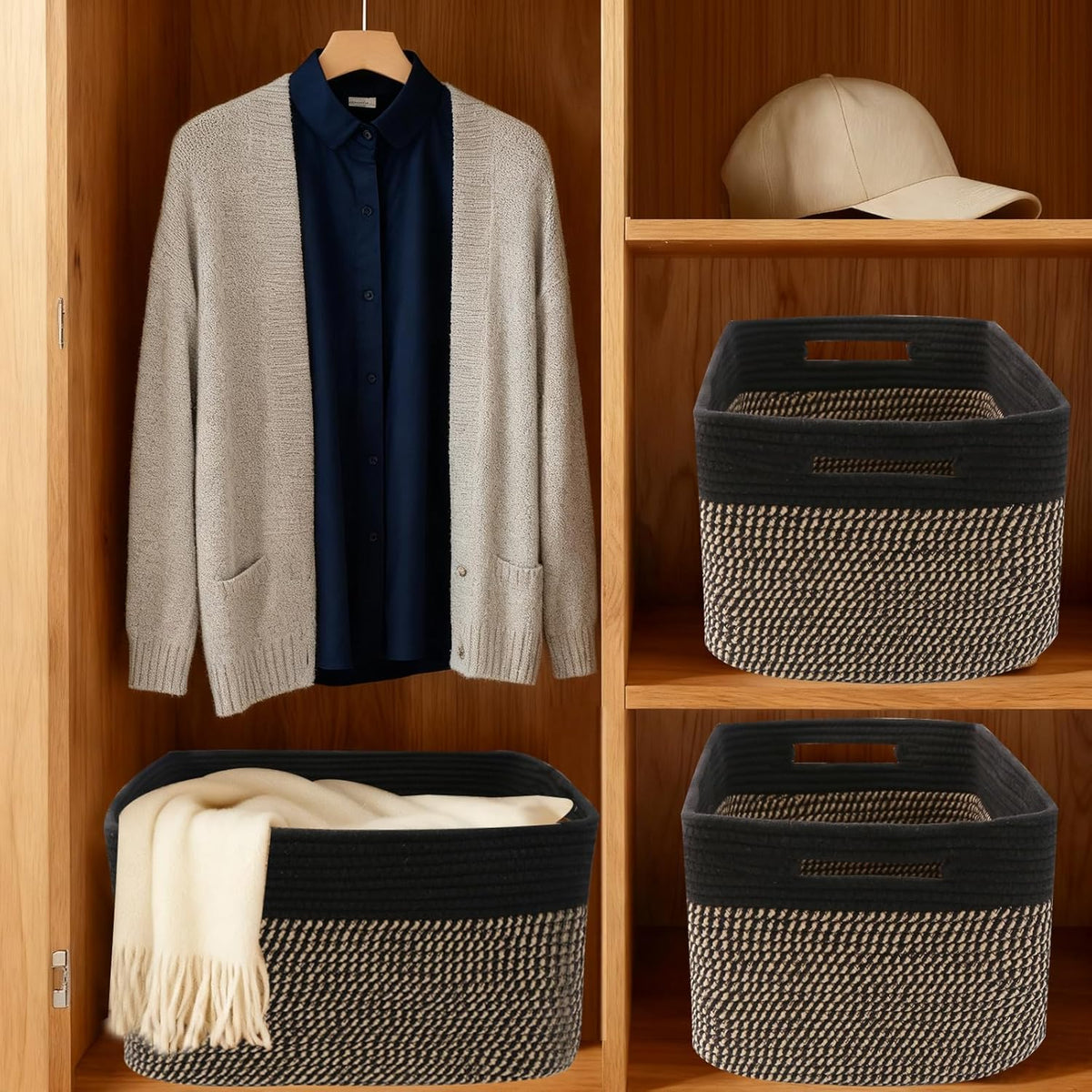 3 Pack Woven Rope Storage Baskets for Shelves,13.5"×11"×9.5" Storage Bins with Handles,Empty Gift Baskets,Nursery Organizer for Toys,Towels,Books,Closet,Living Room,Bedroom (White & Brown)