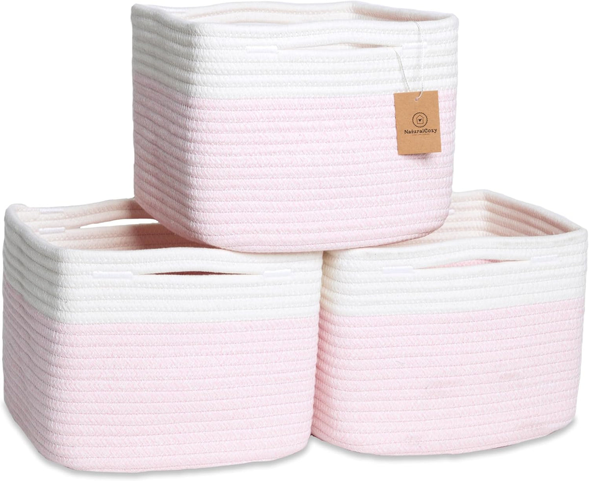 NaturalCozy Storage Cubes 9”x9”x7”Cotton Rope Woven Baskets for Organizing 3-Pack | 9 Inch Cube Storage Bin | Small Basket for Shelf Nursery, Pantry, Decorative Plant, Bathroom Closet, Toy Gift