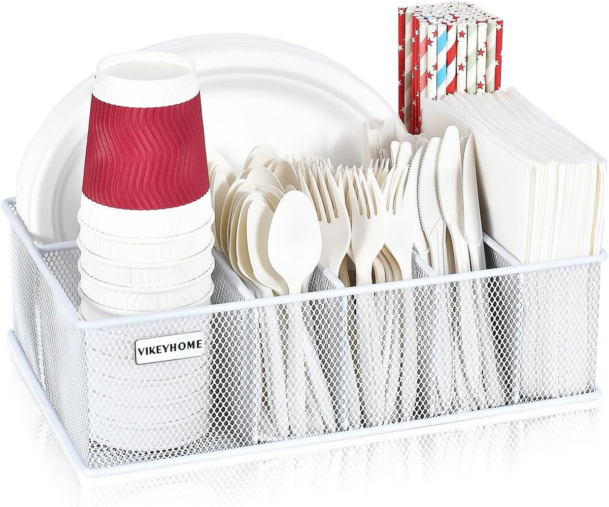 VIKEYHOME Paper Plate Organizer for Countertop, Metal Silverware Caddy with 6 Compartments for Cup, Napkin, Utensil Holder Caddy for Party, Camping, Picnic
