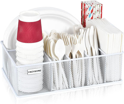 VIKEYHOME Paper Plate Organizer for Countertop, Metal Silverware Caddy with 6 Compartments for Cup, Napkin, Utensil Holder Caddy for Party, Camping, Picnic