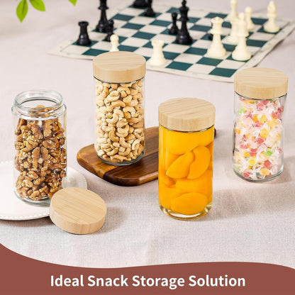 DRKIO 16 Oz Overnight Oats Containers with Bamboo Lids - 4 Pack Glass Storage Jars with Airtight Lids Wide Mouth Mason Food Jars Great for Meal Prep Salad Chia Pudding Snacks Yogurt Sugar Spice Cereal