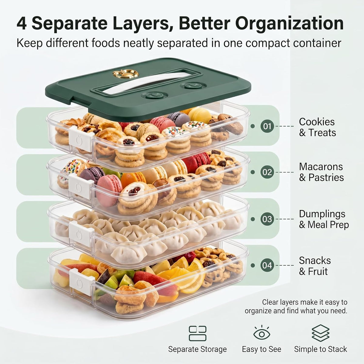 LOEZ 4 Tier Stackable Food Storage Containers, Clear Baked Goods Container for Cookies, Muffins, Macarons and Pizza, Dessert Carrier with Lid (Green)