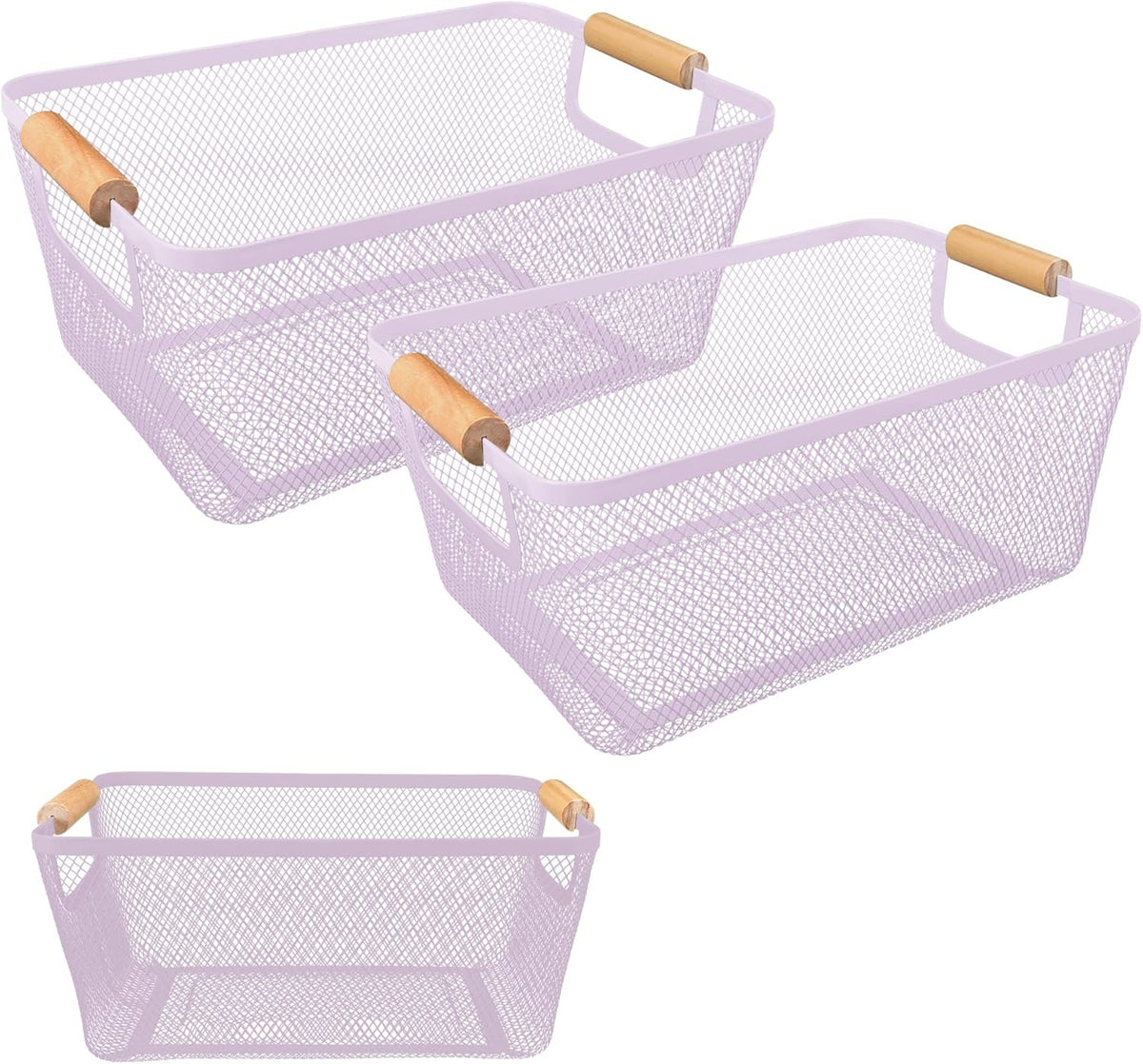 2 Pack 12" Wide Metal Mesh Baskets with Bamboo Handles for Pantry Organization | Wire Storage Bins for Kitchen, Cabinet, Fruit & Snacks | Decorative Farmhouse Style Organizer