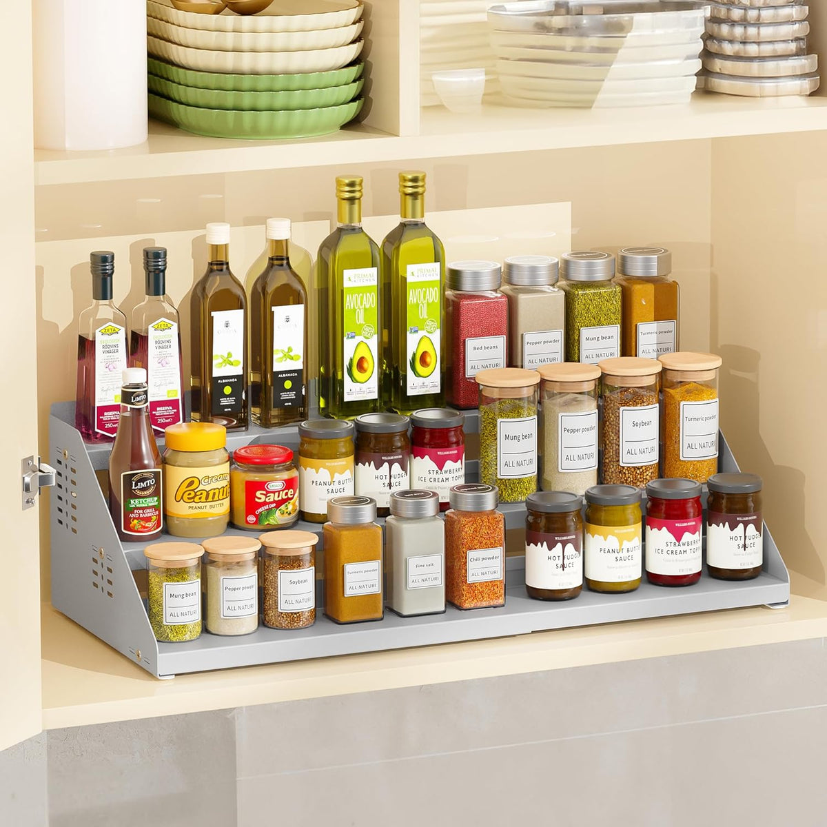 BOIVSHI Spice Rack, Spice Organization for Cabinet - Expandable Width, 3 Tiered Spice Rack Organizer for Cabinet - Adjustable Height, Seasoning Organizer for Cabinet, Countertop, Pantry, White