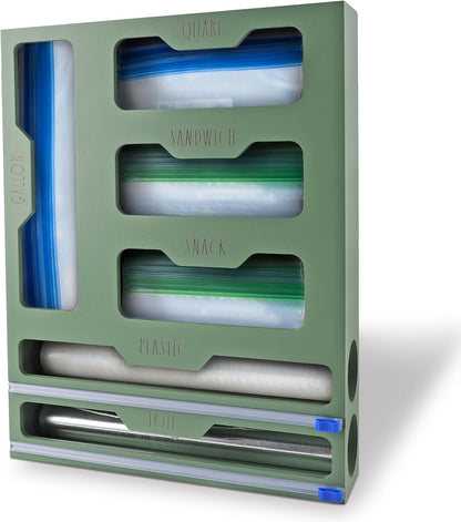 Rae Dunn Bamboo Bag Organizer for Kitchen Drawer - Durable Wood Organizer for Kitchen Storage - Holds Gallon, Quart, Snack, Sandwich Size Baggies, Plastic Wrap and Foil