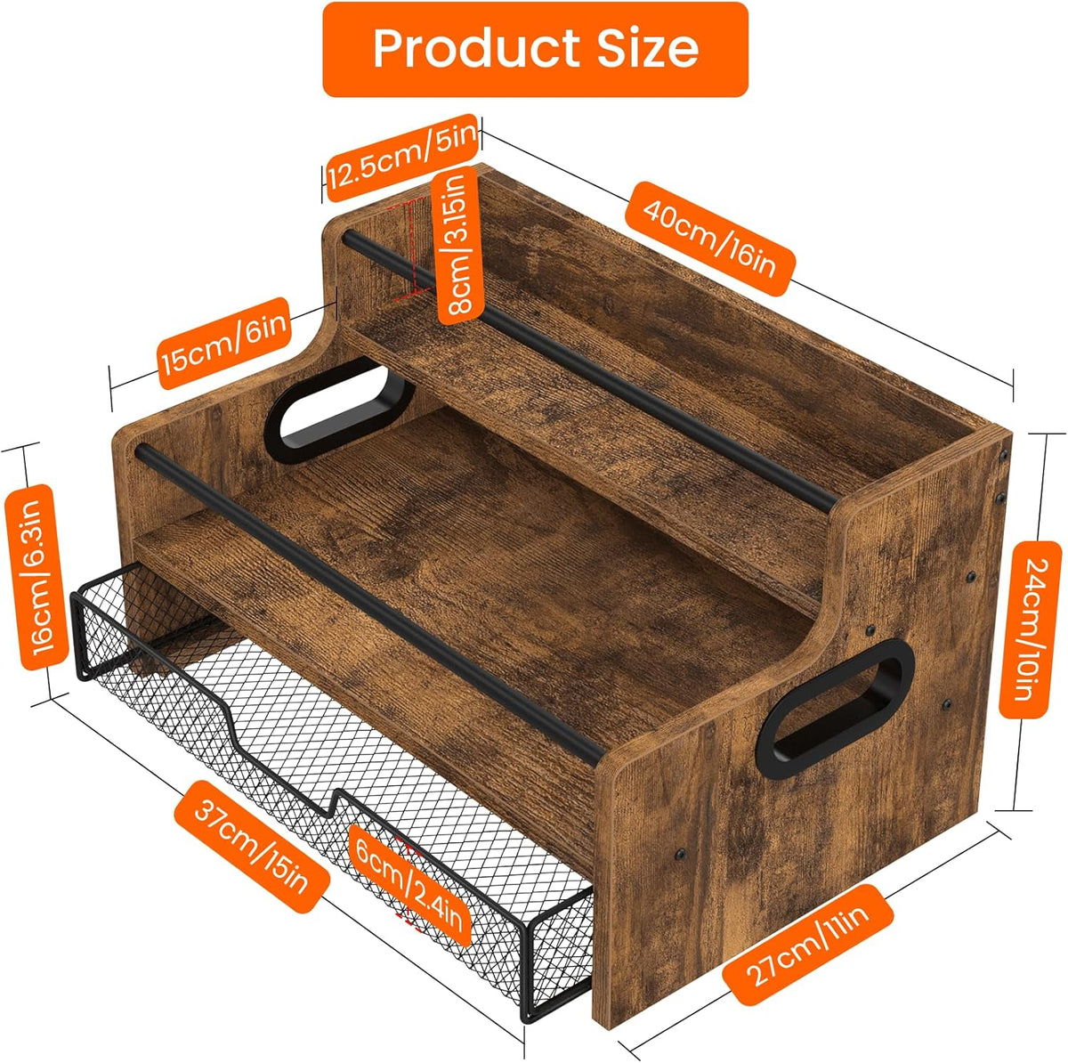 Homode 3-Tier Coffee Bar Organizer, 8 Bottle Syrup Stand with 35 Coffee Pod Storage Drawer, Rustic Wood & Metal Countertop Liquor Bottle Holder for Kitchen, Black