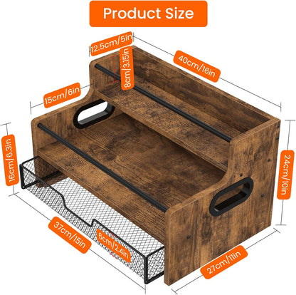 Homode 3-Tier Coffee Bar Organizer, 8 Bottle Syrup Stand with 35 Coffee Pod Storage Drawer, Rustic Wood & Metal Countertop Liquor Bottle Holder for Kitchen, Black