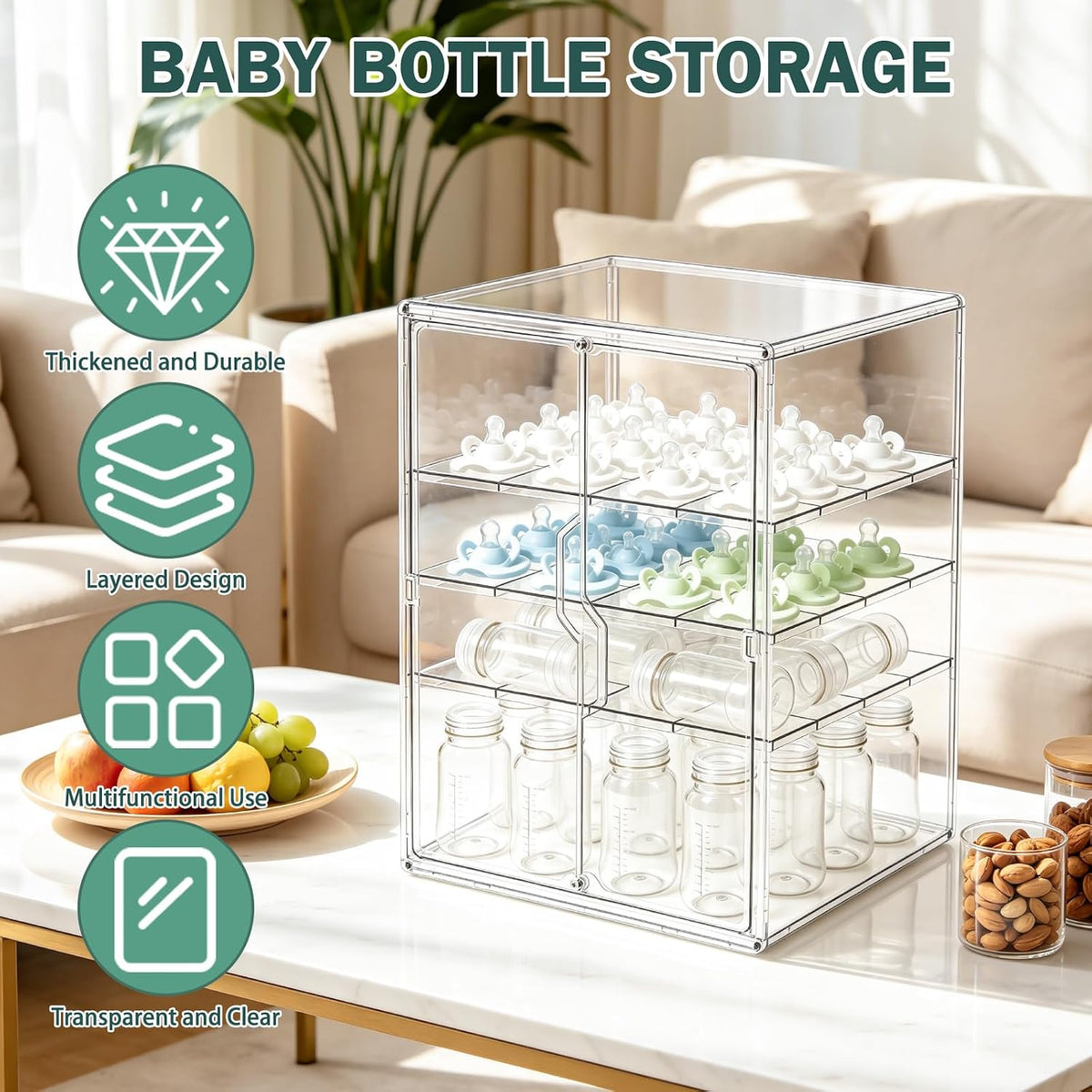 Baby Bottle Organizer, 3-Tier Bottle Storage for Countertop with Double Magnetic Doors, Clear Plastic Bottle Station Organizer Mom Gifts with 2 Dividers for Kitchen, Bathroom, Cabinet, Vanity