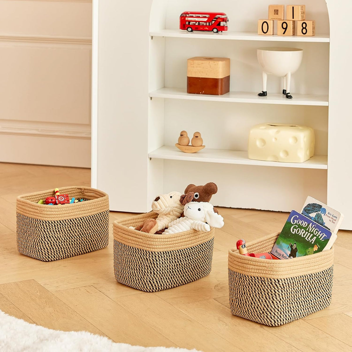 R RUNKA Small Cotton Rope Basket – Storage Bin for Organizing (10.6" x 6.7" x 6.7"), Bathroom Storage Basket for Shelf, Counter & Closet（Beige）