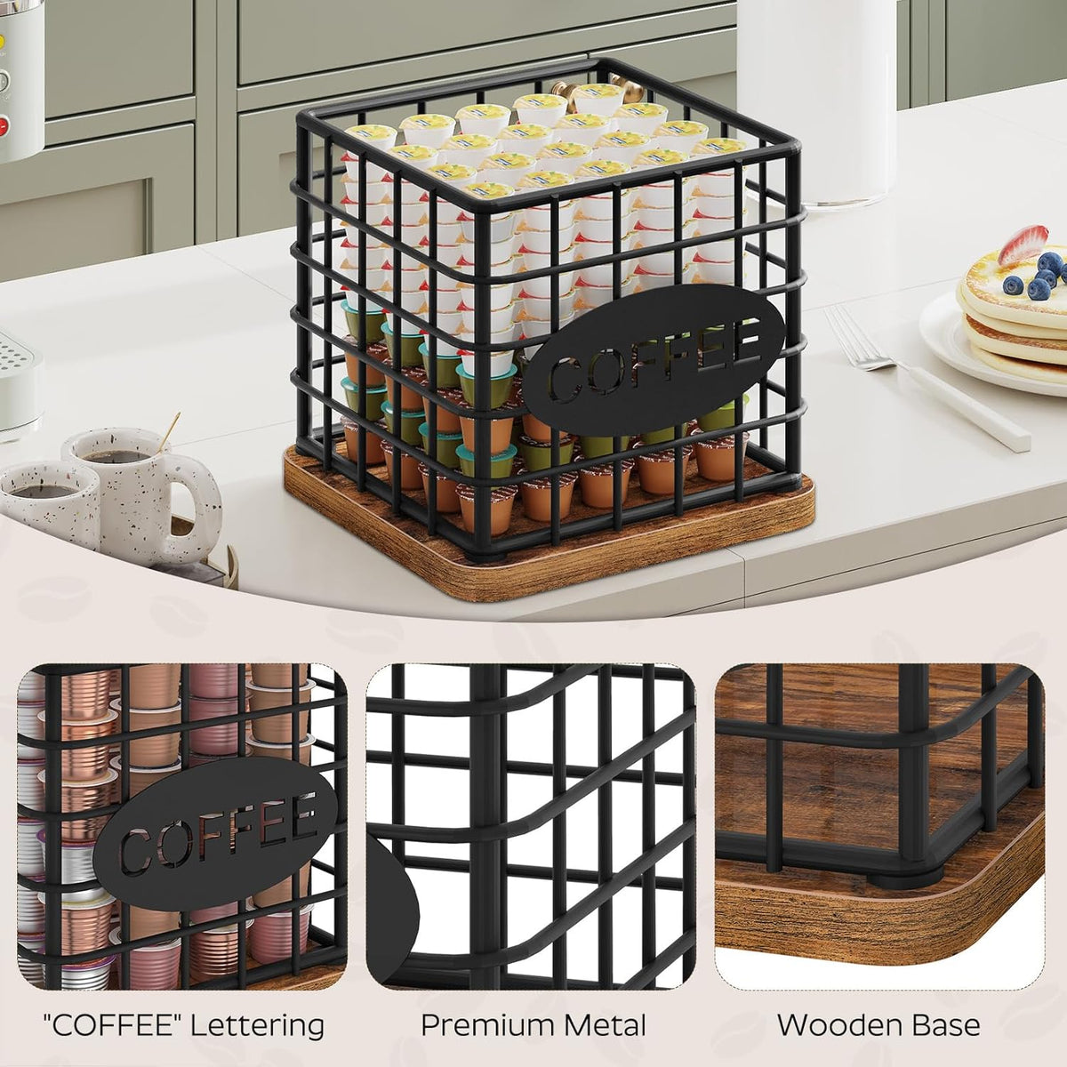 YATINEY Coffee Pod Holder for K Cup, Large Capacity Coffee Pod Organizer, Versatile Coffee Capsule Storage Basket with Wooden Base, White KH10WN