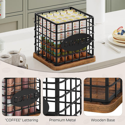 YATINEY Coffee Pod Holder for K Cup, Large Capacity Coffee Pod Organizer, Versatile Coffee Capsule Storage Basket with Wooden Base, White KH10WN