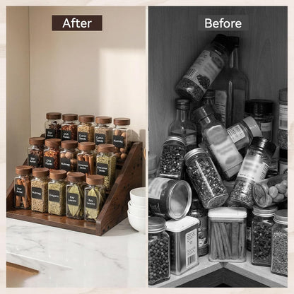 Wood 4 Tier Spice Rack, 13 x 10 x 6.5 Inch Wooden Tiered Spice Rack Rustic Wood Condiment Jar Display Riser Shelf for Countertop, Cabinet, Kitchen Organization (Dark Brown)