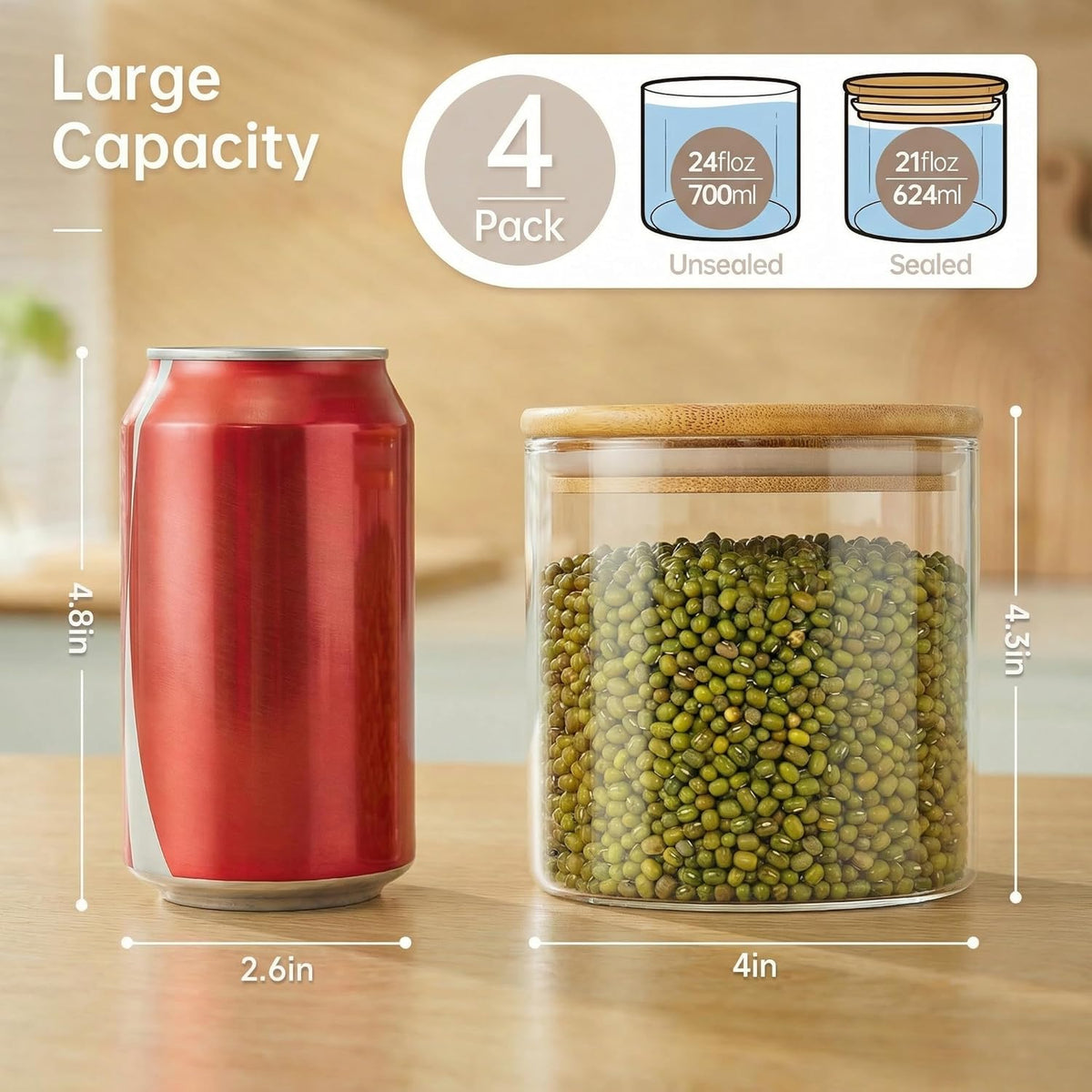 32oz - Glass Jars with Bamboo Lids, Glass Pantry Storage Containers with Airtight Lids, Round Air Tigh Food Storage Canisters for Cereal, Pasta, Flour, Sugar, Rice, Best for Kitchen Organizer