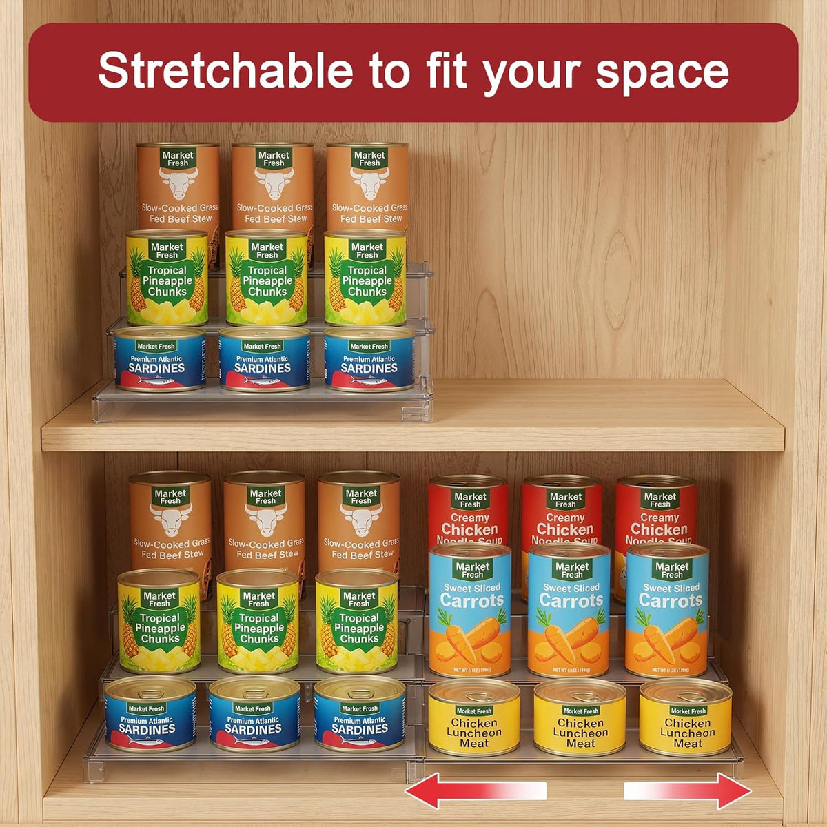 Expandable Can Rack Organizer 2 Pack, 3-Tier Adjustable Length | Set of 2 Holds Up to 36 Cans, Stability with Non-Skid Shelf, Canned Goods Storage Display for Pantry, Cabinet