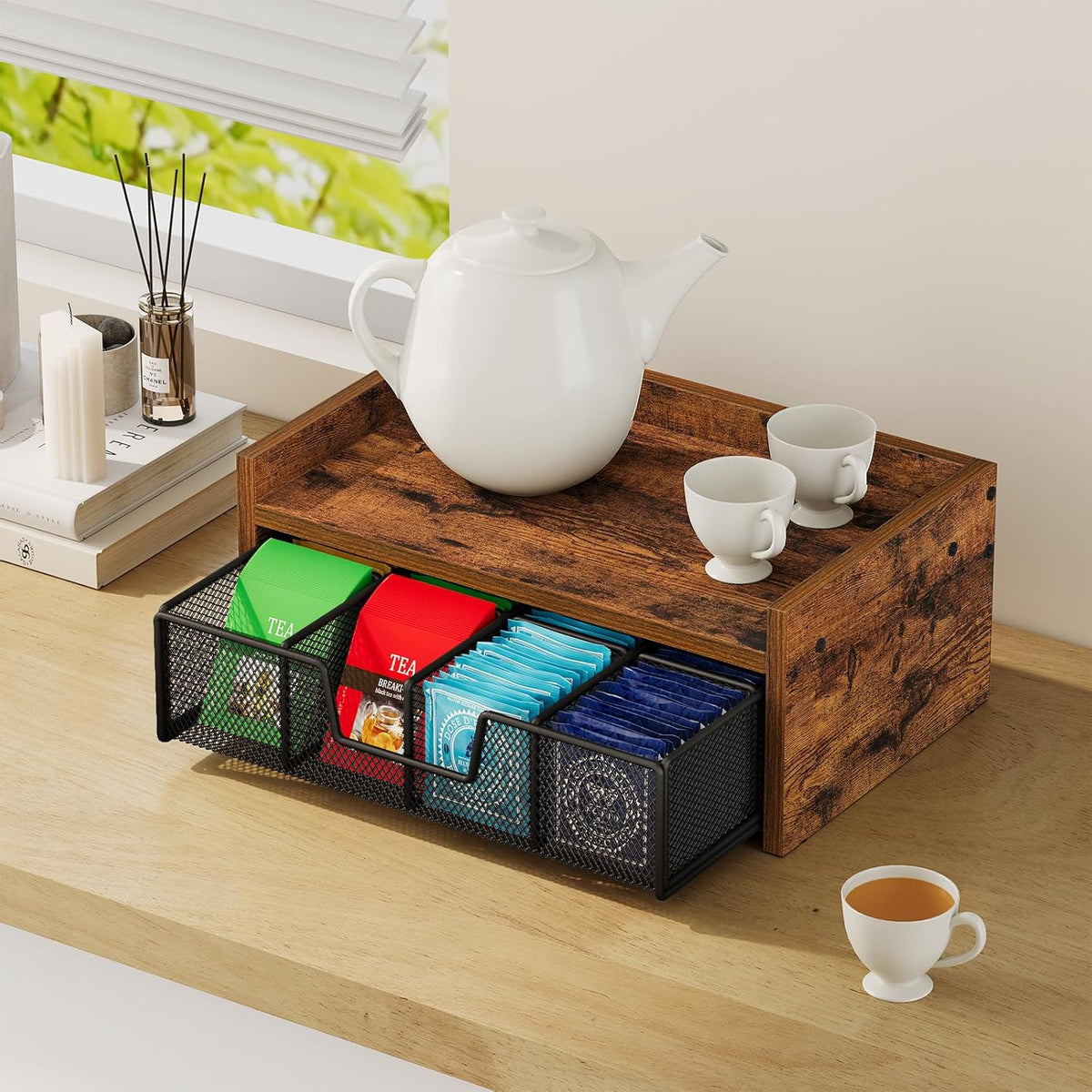 YINMIT Tea Bag Organizer, Tea Bag Holder with Drawer, Wood Tea Box Organizers and Storage Chest, Tea Station Chest Display for Countertop Kitchen, Office