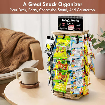 Pinzoveco Chip Rack Display Stand, 5 Tiers 40 Clips Snack Organizer for Office Desk, 360° Rotating Wooden Base Chip Holder Candy Display for Concession Stand, Countertop, Party, With Message Board
