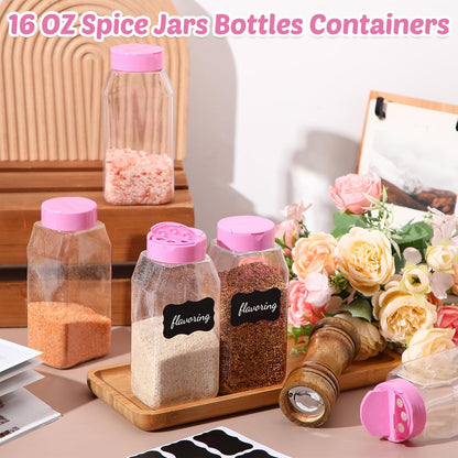 Mifoci 28 Pack 16 oz Plastic Spice Jars with Cap Square Plastic Bottle Containers with Shaker Lids and Stickers Large Seasoning Shaker Empty Powder Storage Container for Storing Salt Herbs (Black)
