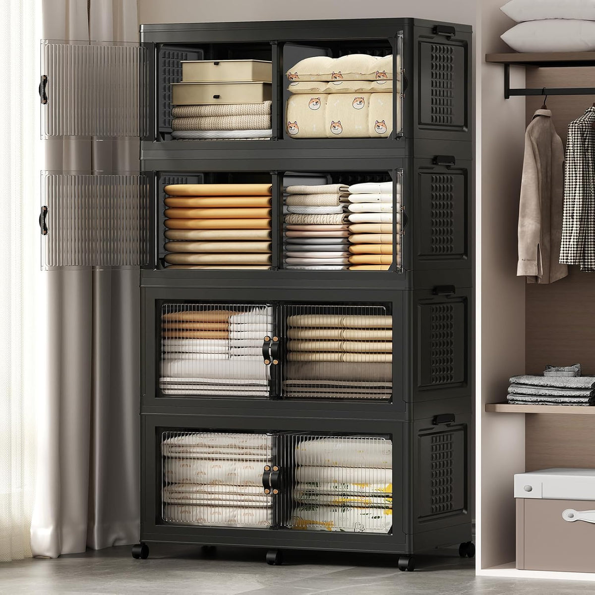 SAILUN 145Gal/580Qt Stackable Storage Bins Folding Collapsible Storage Bins with a Lid, Closet Organizers and Storage,White 26" W x 17" D x 71" H