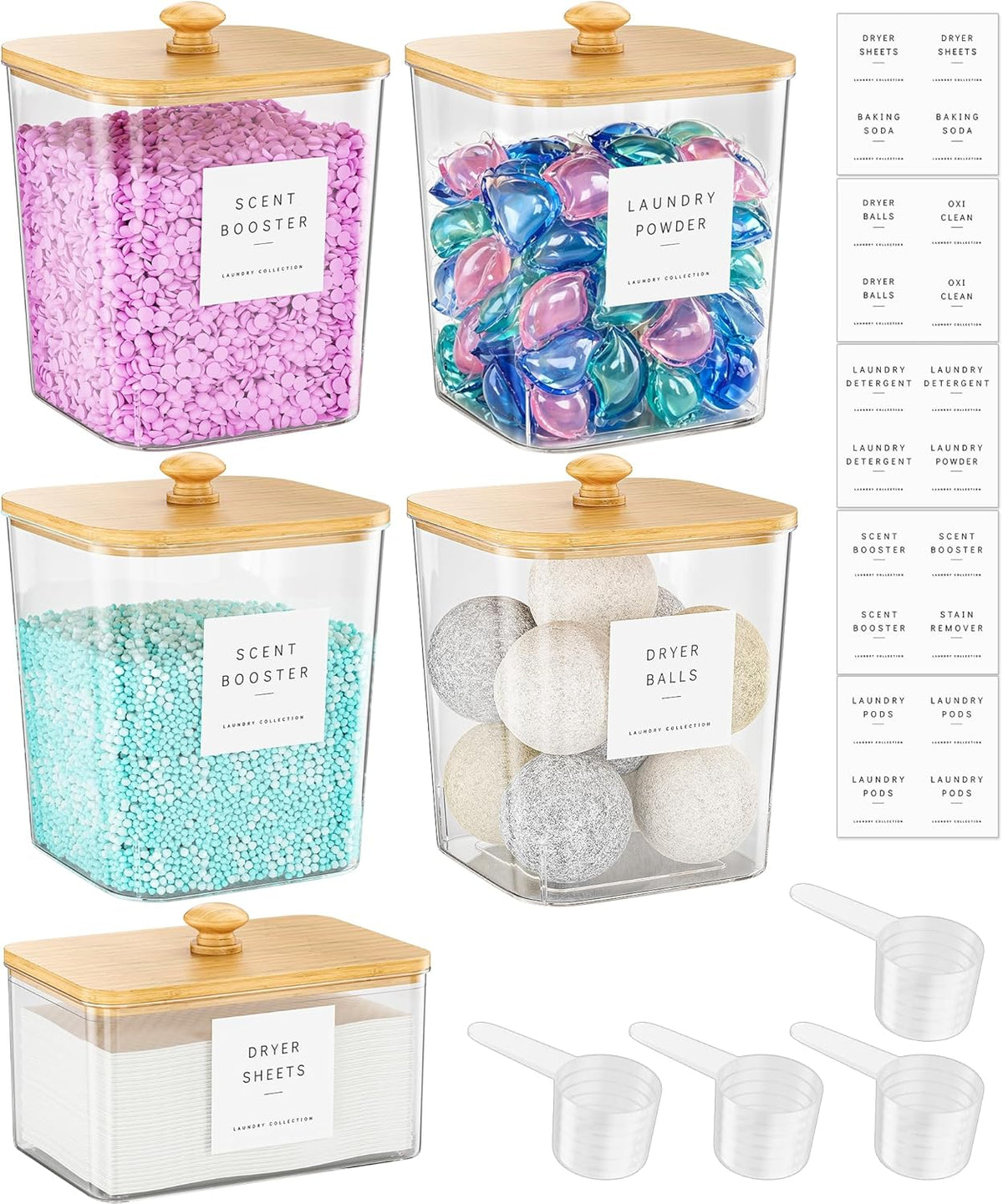 4 Pack Laundry Pods Container, Clear Laundry Room Organization Containers Essentials, Large Detergent Powder Storage Containers Black Wooden Lids & Labels Signs, Home Acrylic Laundry Pods Holder