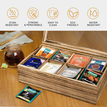 Alsonerbay Wooden Tea Box Tea Bag Holder Kitchen Storage Chest Box for Spice Pouches and Sugar Packets with 8 Compartments and Glass Window Weathered Black