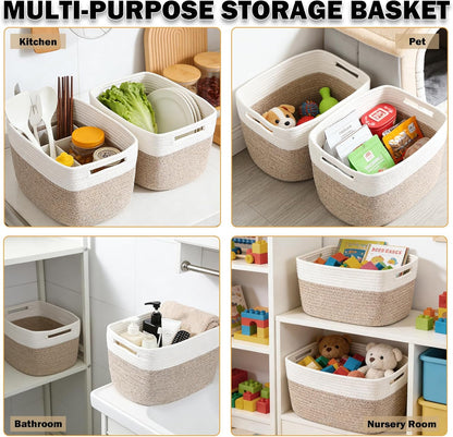 3 Pack Woven Rope Storage Baskets for Shelves,13.5"×11"×9.5" Storage Bins with Handles,Empty Gift Baskets,Nursery Organizer for Toys,Towels,Books,Closet,Living Room,Bedroom (White & Brown)