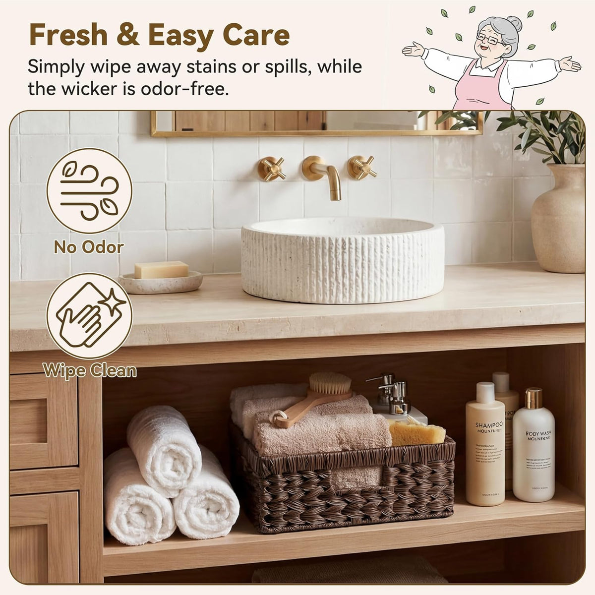 GRANNY SAYS Wicker Storage Baskets for Shelves, Wicker Baskets for Organizing, Waterproof Woven Basket for Pantry, Rectangle Basket for Shlef, Brown, 2-Pack