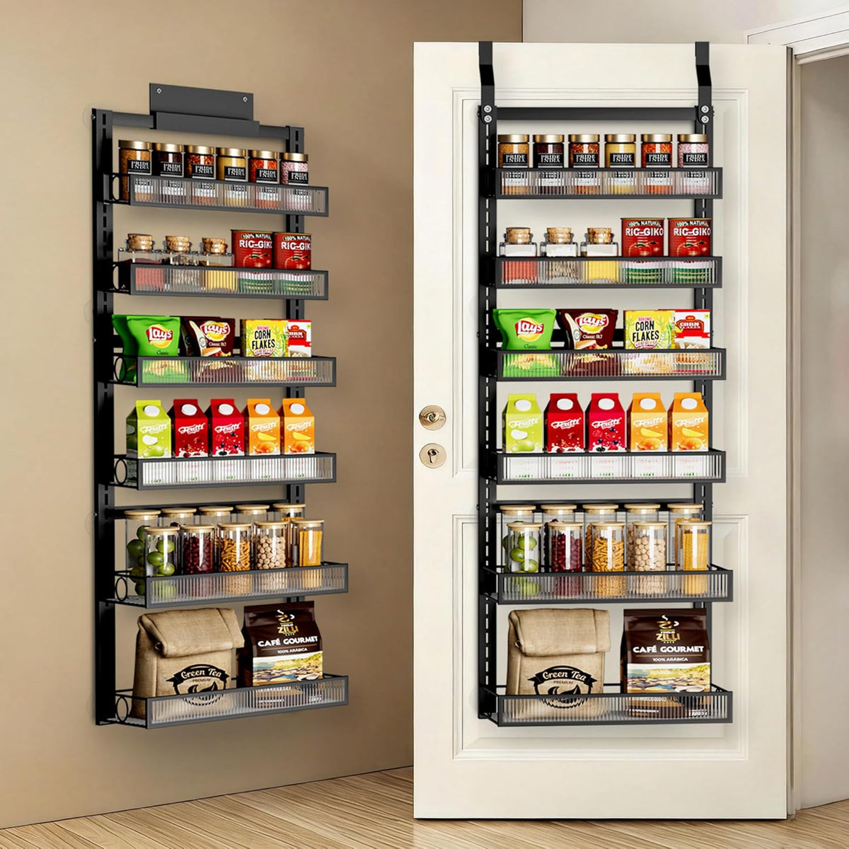 Over the Door Pantry Organizer 8 Tier Hanging Door or Wall Mounted Spice Rack with Adjustable Acylic Basket,Heavy Duty Metal Seasoning Storage Shelf for Kitchen Pantry and Bathroom