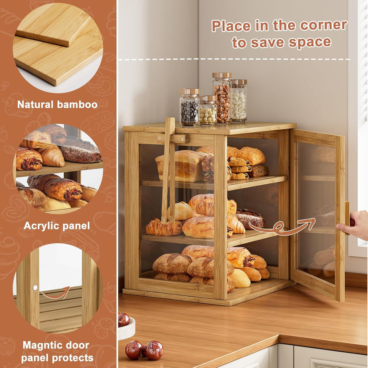 WOWLIVE Black Bread Box for Kitchen Countertop, Large 3 Layers Bread Storage Container for Homemade Bread with Window, Farmhouse Breadbox Organizer for Kitchen, Cabinet, Pantry (Black, Meduim)