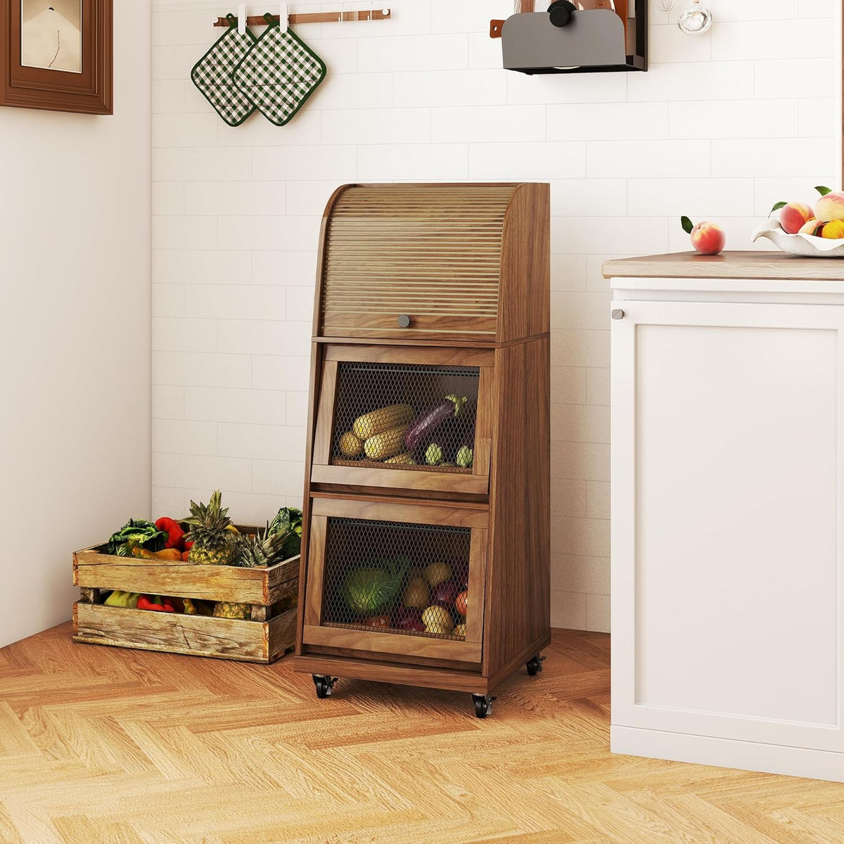 4 Tier Narrow Potato Storage Bin, Tall Wood Potato and Onion Storage Bin with Wheel, Movable Fruit and Vegetable Basket, Food Small Kitchen Pantry Cabinet, Wooden Bread Box, Walnut, Sliding Door