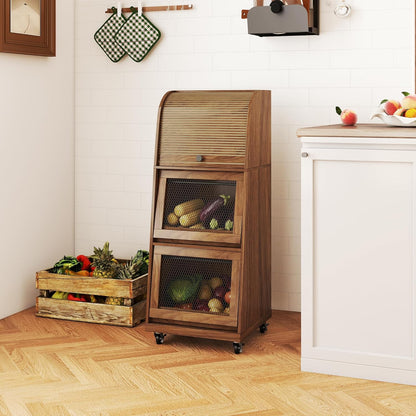 4 Tier Narrow Potato Storage Bin, Tall Wood Potato and Onion Storage Bin with Wheel, Movable Fruit and Vegetable Basket, Food Small Kitchen Pantry Cabinet, Wooden Bread Box, Walnut, Sliding Door