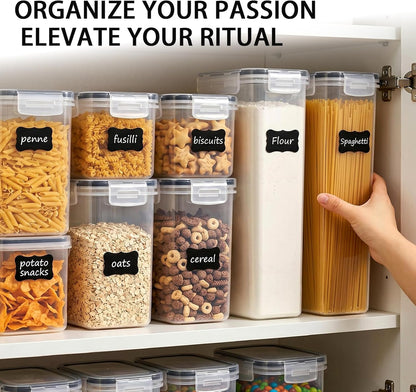 Airtight Food Storage Containers with Lids, BPA Free Clear Plastic Kitchen and Pantry Organization and Storage Set for Flour, Sugar, Cereal, Pasta, Includes 7 Labels and Marker