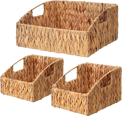 Rattan Storage Baskets, Handwoven Wicker Storage Bins with Built-in Handles, Storage Container Baskets for Shelves, Bedroom, Bathroom, Laundry Room or Kitchen(Natural)