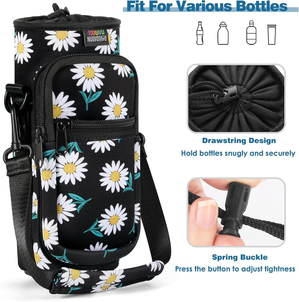 Nuovoware Water Bottle Carrier Bag,25oz/40oz/64oz Bottle Pouch Holder,Adjustable Shoulder Hand Strap 2 Pocket Sling Neoprene Sleeve Sports Accessories for Hiking Travelling Camping