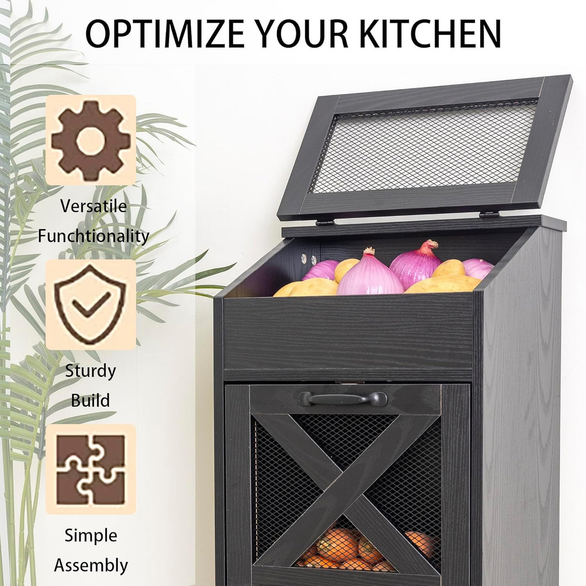 Potato Storage Bin Wooden Bread Box, Mid Century Modern Vegetable Storage Box with Lid, Farmhouse Potato and Onion Storage Cabinet for Kitchen,Brown