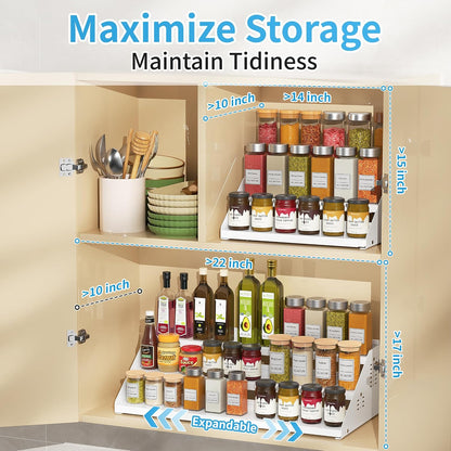 BOIVSHI Spice Rack, Spice Organization for Cabinet - Expandable Width, 3 Tiered Spice Rack Organizer for Cabinet - Adjustable Height, Seasoning Organizer for Cabinet, Countertop, Pantry, White